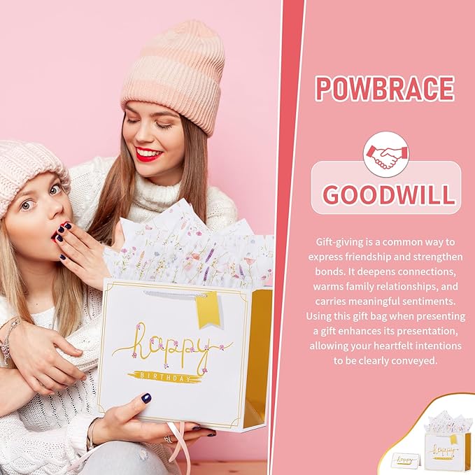 Powbrace 13" White Happy Birthday Gift Bag with Tissue Paper and Greeting Card for Party,Happy Birthday Gift Bag for Men and Women, Gift Bags Medium size (1 Pcs Hot Stamping)