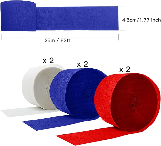 PheiLa Crepe Paper Streamers 6 Rolls 492ft, Crepe Paper 4th of July Decorations Red White Navy Blue Patriotic Party Supplies for DIY Gift Wrapping Birthday Holiday Party Decor, 1.77 Inch x 82 Ft/Roll