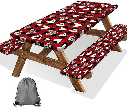 Valentines Day Picnic Table Cover with Bench Covers, Camping Essentials, Heart Buffalo Plaid Outdoor Table Covers, Waterproof Windproof, Fitted Tablecloth Cover with Elastic Edge, 3 PCS, 30x60 Inch