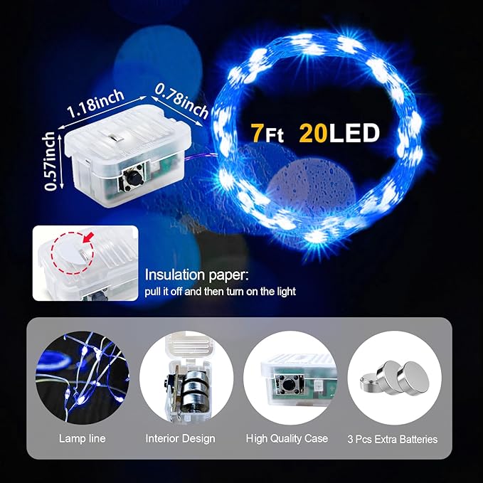 pozzolanas 12 Pack Blue Fairy Lights Battery Operated 3 Modes 7FT 20 LED Waterproof String Lights Twinkle Silver Wire for Mason Jars Wedding Christmas Halloween Part Decor (12, Blue)
