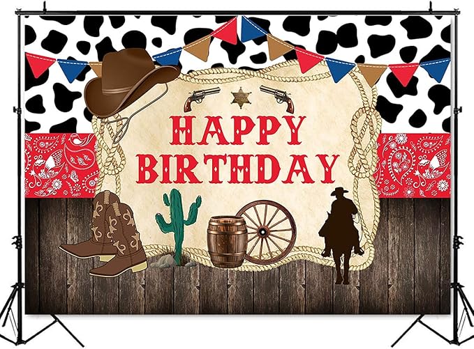 Mocsicka Western Cowboy Happy Birthday Backdrop Rustic Old West Rodeo Cowboy Background Red Bandana and Rustic Wood Kids Birthday Party Decoration Banner (6x4ft (72x48 inch))