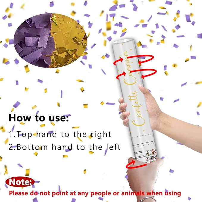 12" Purple & Gold Confetti Cannons - Party Poppers for Birthday Graduation Wedding Celebrations - Easy to Use - Pack of 2