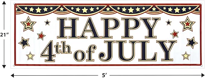 Beistle Happy 4th of July Sign Banners, 21” x 5’, 2 Pack – Summer Patriotic Holiday Welcoming Party Supplies with Stars, Independence Day Decorations for Indoors & Outdoors