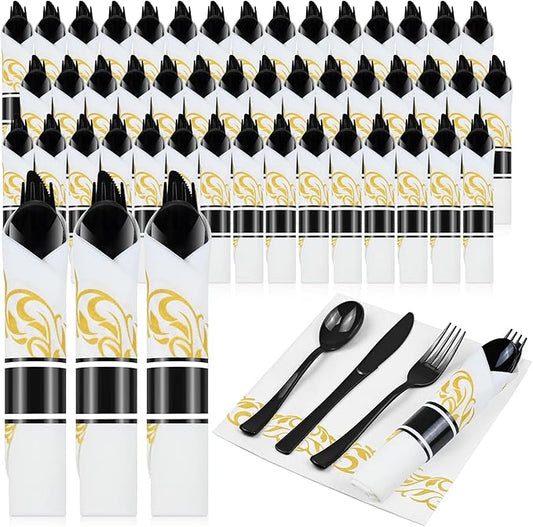 100 Pack Black Plastic Silverware, Pre Wrapped Cutlery Set with Gold Sun Pattern Napkin, Rolled Disposable Utensils Heavy Duty for Wedding, Party, Event Supplies
