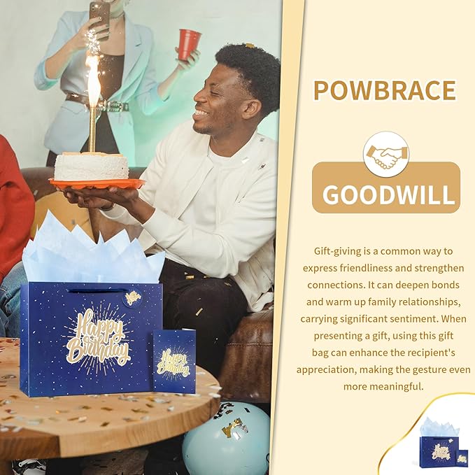 Powbrace 13" Blue Happy Birthday Gift Bag with Tissue Paper and Greeting Card for Party,Happy Birthday Gift Bag for Men Women, Gift Bags Medium size(2 PCS Blue)