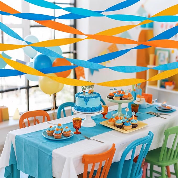 Riqiaqia Crepe Paper Streamers Party Decorations, Blue and Orange Party Decorations, 8 Rolls of Blue, Orange Party Streamers for Blue Dog Birthday Party Supplies