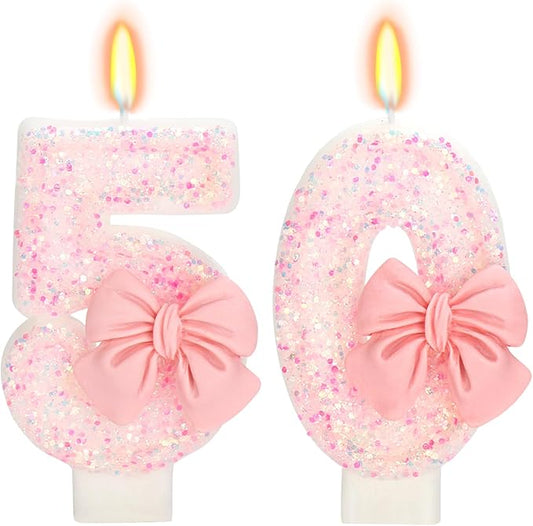 50th Birthday Candles for Cake, Pink Bow Number Cake Candles, 2.76 inch Number Happy Birthday Candle, Cake Topper Decoration for Birthday Party (Number 50)