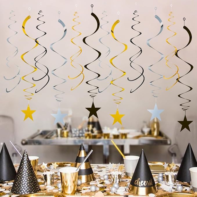 GAKA Black Gold and Silver Foil Hanging Ceiling Swirls Garland,Star Swirl Streamer Decorations for Birthday,Anniversary,Graduation Party Supplies(24Pcs)