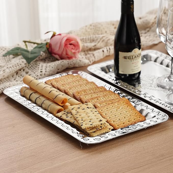 4-Pack Small Silver Serving Trays Set - ZENOVLUX Swirl Floral Engraved Mirror Decorative Tray, 11.4" x 7" Wedding Party Platters for BBQ, Food, Appetizer, Charcuterie, Cookies, Desserts