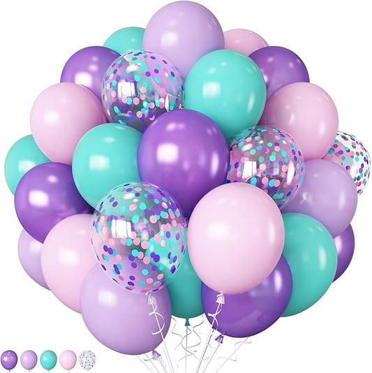 HILAVO Mermaid Balloon Set 12 inch Purple Pink Teal Blue Latex Balloons with Confetti Teal Blue Purple Light Pink Latex Balloon for Girls Mermaid Under The Sea Birthday Baby Shower Party Decorations