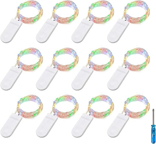 BXROIU Fairy Lights CR2032 Battery Operated,6.6Ft/2Meter 20 LEDs Micro Silver Wire String Lights for Bedroom Christmas Party Wedding Decoration(Multicolour, 12 Pack)