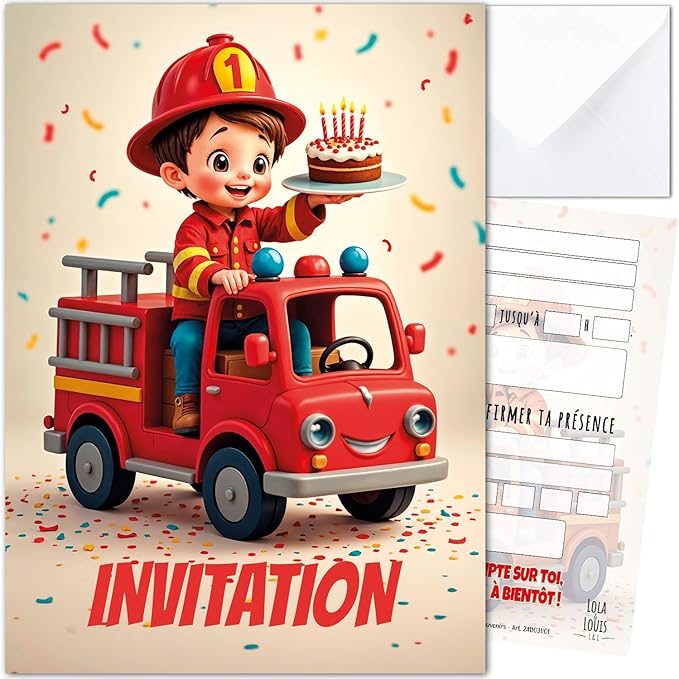 Lola and Louis® • 10 Children's Invitation Cards with Envelopes • Fire Truck Theme for Birthday and Parties • Easy to Fill • Girl and Boy Invitations • Thick Premium Quality Paper