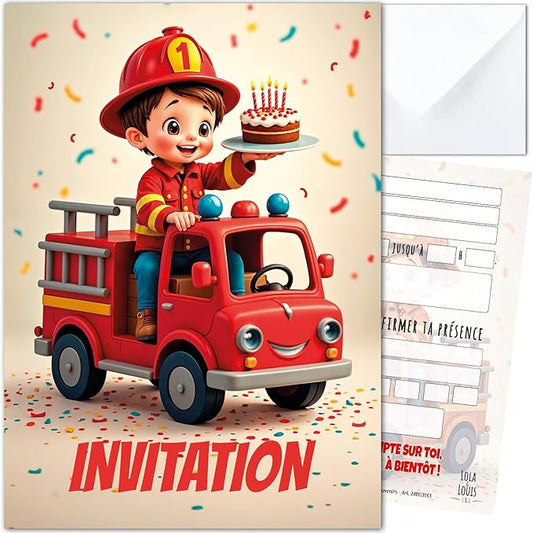 Lola and Louis® • 10 Children's Invitation Cards with Envelopes • Fire Truck Theme for Birthday and Parties • Easy to Fill • Girl and Boy Invitations • Thick Premium Quality Paper