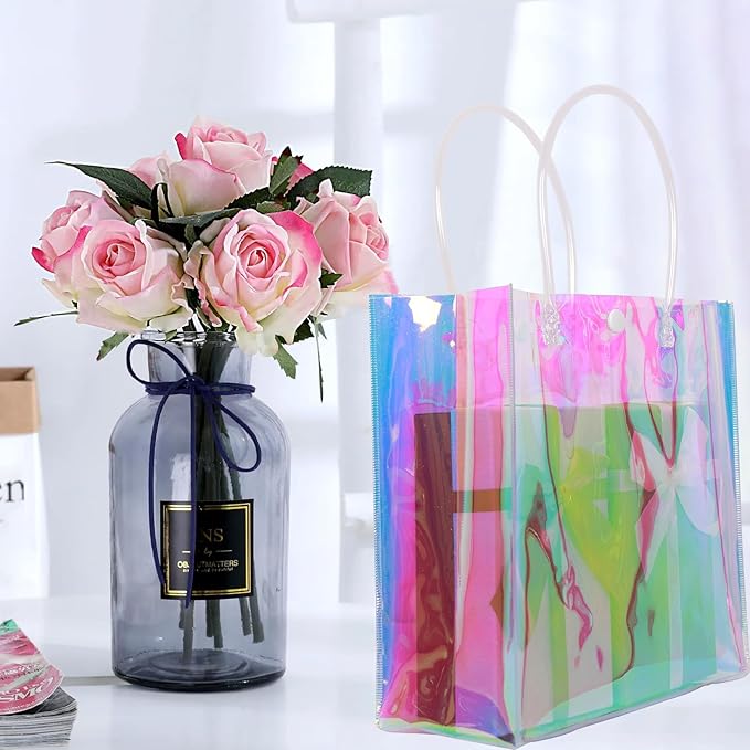Naisidas 18Pcs Holographic Small Gift Bags 7.9x7.9x3.1 Clear Reusable Iridescent Birthday Gift Bag for Women Girls Bachelorette Party Wedding Christmas with Handle