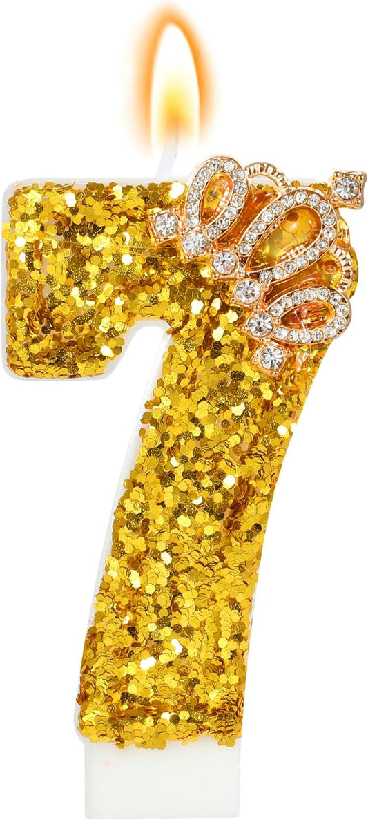 Gold Birthday Candle Crown Number 7 Candle with Sequins Cake Candles Cupcake Decorations Party Decor for Anniversary Celebrations Supplies