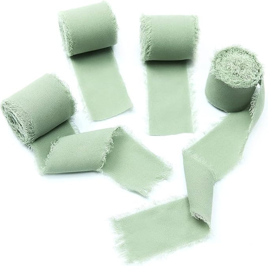 4 Rolls Sage Green Handmade Fringe Chiffon Silk Ribbon 1.5" W x 5Yd Per Roll,Frayed Edges Ribbon Set for Gifts Wrapping,Wedding Invitations,Bouquets,DIY Crafts (1.5" x20Yd, Sage Green)