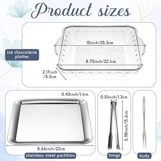 Baderke 2 Set 9" Chilled Serving Tray for Parties with Compartments Ice Chilled Party Platter Charcuterie Serving Board Cold Dish Dip with Forks Tongs for Fruit Seafood Vegetable Appetizer(Silver)