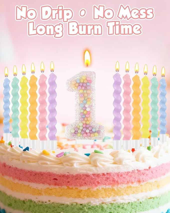 Birthday Candles for Cake, Pink Number Candles, Cake Candles with Greeting Card for Birthday Party Wedding Anniversary Celebrations（1 Candle,White Number Macaron）