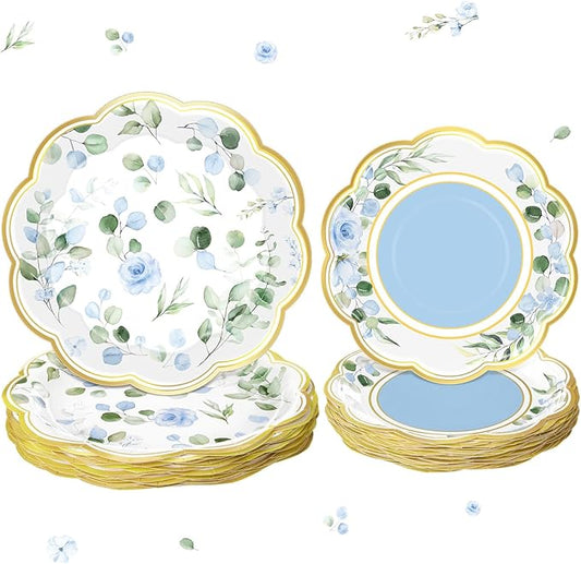 Funnymoom 60 Pcs Eucalyptus Paper Plates 9 in and 7 in Blue Dessert Party Plates with Gold Rim Disposable Floral Shape Tableware for Wedding Birthday Party Baby Shower Bridal Shower