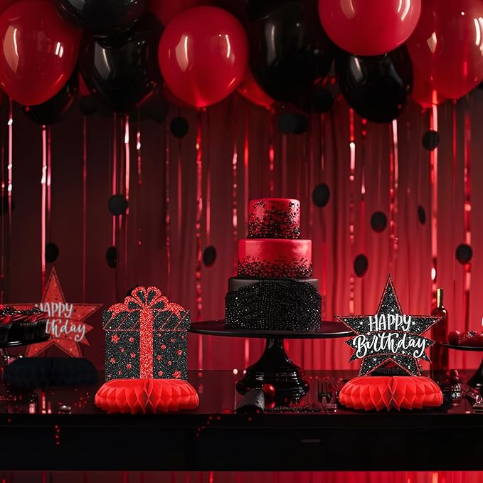 Black and Red Birthday Decorations – 12PCS Honeycomb Table Centerpieces for Men Women Adults – Happy Birthday Table Decor Party Supplies