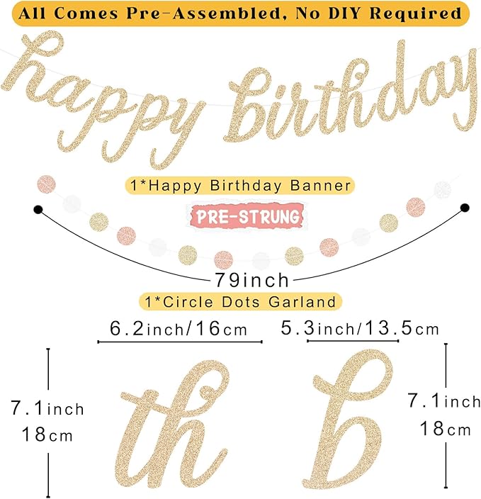 Boho Pink Happy Birthday Decorations for Women Girls, Pre-Strung Happy Birthday Banner with Honeycomb Balls, Paper Flowers, Lanterns, Fans, Hanging Swirls, Circle Dots Garland for Party 24pcs