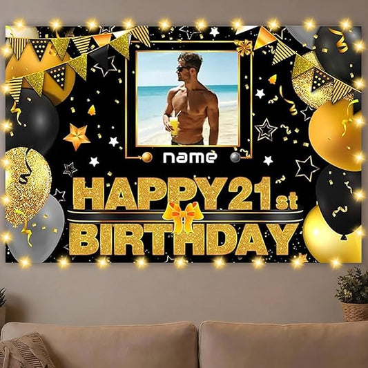 Dicodes Custom Black and Gold Theme Birthday Banner for Party Happy Birthday Backdrop Decoration Personalized with Name and Photo