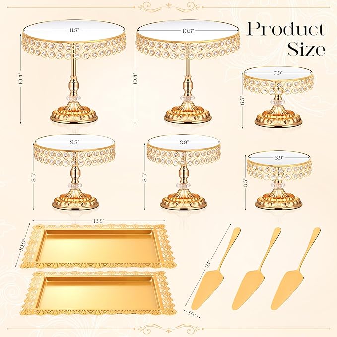 12 Pieces Gold Cake Stand Set, Vintage Cake Display Stand with Crystal Edge and Cupcake Display Tray, Dessert Table Display Set for Wedding Party Baby Shower Anniversary Celebration