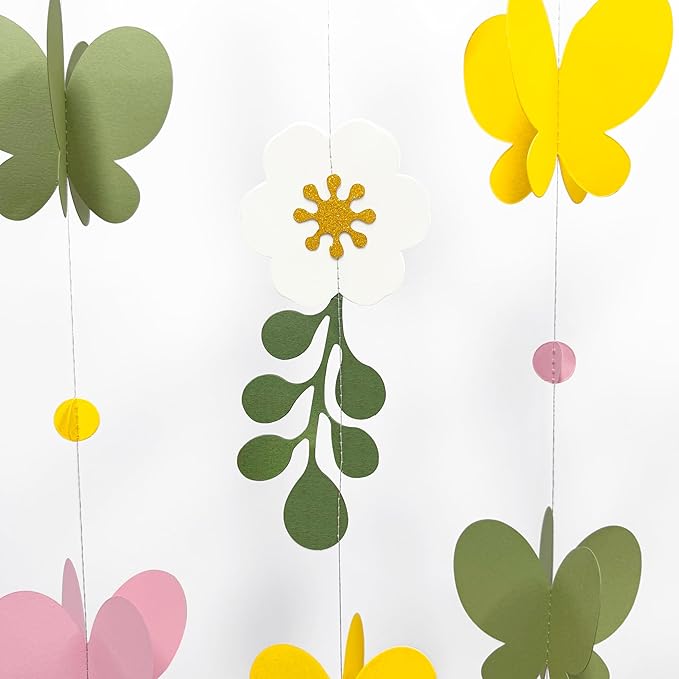 Spring Decorations Flowers 3D Butterflies Dots Garland Green Pink Yellow Hanging Paper Streamer for Spring Birthday Baby Shower Mother's Day Wedding Bridal Shower Tea Party Decorations Supplies