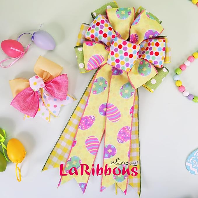 LaRibbons Double Faced Easter Ribbon Wired 2 Rolls 2.5 Inch x 12 Yards TTL, Pink Green Yellow Polka Dot Plaid Burlap Ribbon for Baskets Crafts Gift Wrapping Wreath Bow Decoration