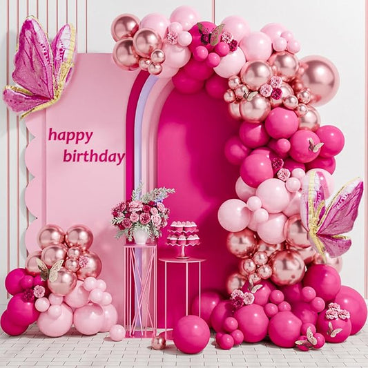 Pink Butterfly Balloon Arch Garland Kit 112pcs Pastel Pink Rose Gold Balloons with 2pcs Butterfly Foil Balloons for Birthday Party Decorations Baby Shower Decorations for Girls