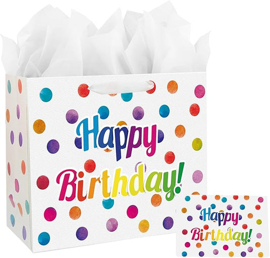 13" Large Happy Birthday Gift Bag with Card and Tissue Papers for Kids with Handles (Dots)