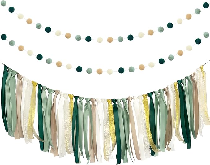 ANSOMO Sage Green Ribbon Felt Ball Garland Fabric Pom Pom Banner Tan Brown Ivory Gold Birthday Bridal Baby Shower Wall Hanging Party Decorations Wild Safari Jungle Botanical Greenery Decor Supplies