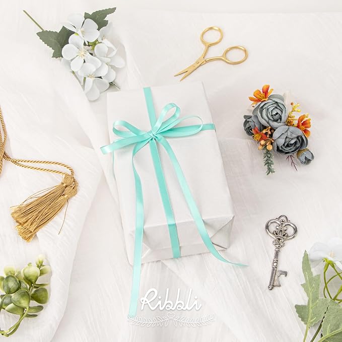 Ribbli Aqua Blue Double Faced Satin Ribbon,1/4” x Continuous 25 Yards,Use for Bows Bouquet,Gift Wrapping,Wedding Cards Decorating