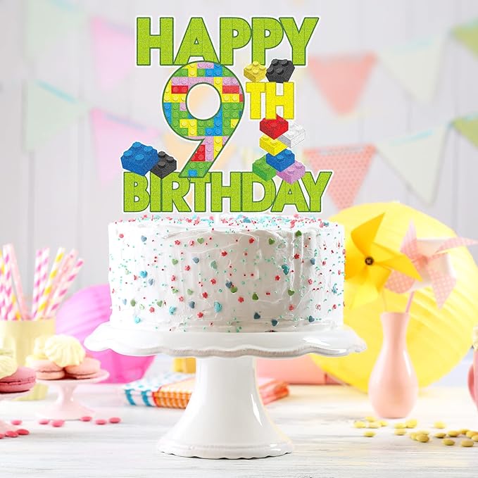 Happy 9th Birthday Building Block Cake Topper - Puzzle Games Boy's 9th Birthday Party Green Cake Topper Supplies - Building Block Party Decoration For Boy