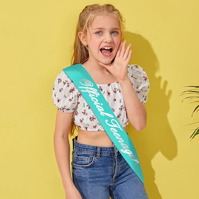 13th Birthday Sash, 'Official Teenager' Teal Silver Foil Sash for Girls' 13th Birthday Party Decorations, Ideal Girls' Gift