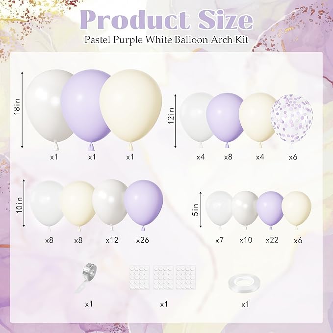 Ouddy Party Pastel Purple White Balloons Garland Arch Kit, Different Sizes 18 12 10 5 Inch Lavender Lilac Pearl White Ivory Latex Confetti Balloon for Wedding Bridal Shower Birthday Party Decorations