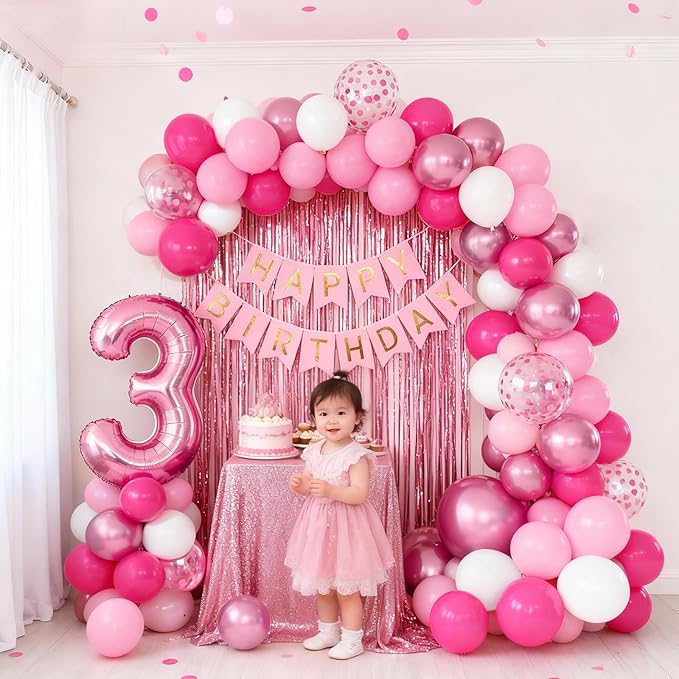 Hot Pink White Balloons Set, Include 50pcs 12inch Pastel Light Pink Confetti White Latex Balloons and Metallic Pink Balloon with Ribbons for Birthday Wedding Princess Party Decorations