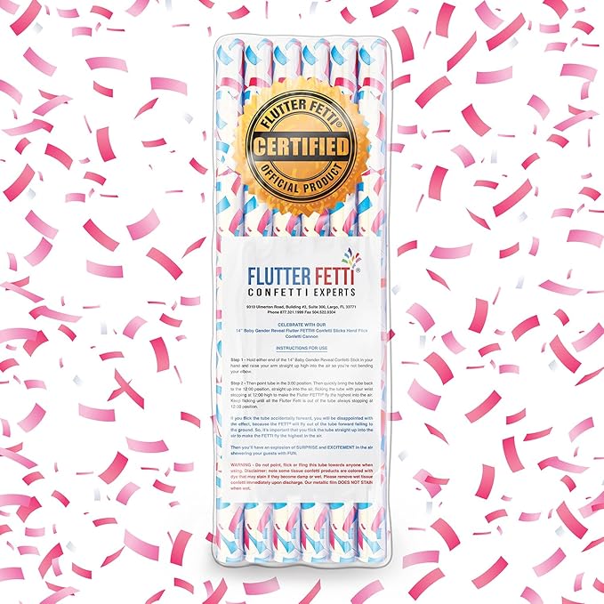 Flutter FETTI® 6 Pack Gender Reveal Pink Confetti Cannons for Baby Girl - 14" Gender Reveal Cannons - Pink, Cerise, & White - Made in USA