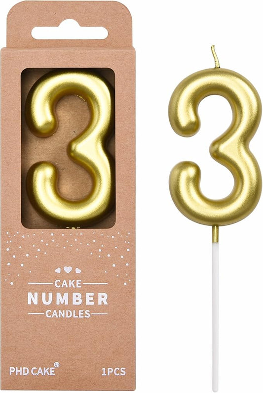 PHD CAKE 2.76 inch Classical Gold 3 Number Birthday Candles, Gold Number Candles, Cake Number Candles, Party Celebration