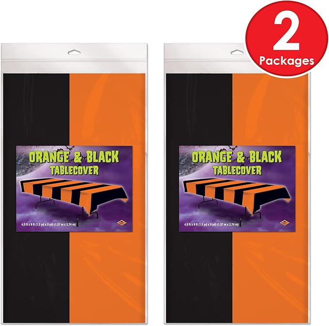 Beistle Orange & Black Stripes Tablecovers, 54” x 108”, 2 Pieces – Plastic Table Cloth, Rectangular Tablecloth, Holiday Tablecloth, Halloween Plastic Tablecloth, Halloween Decorations