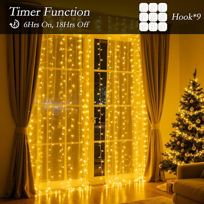 300 LED Curtain String Lights 9.8 * 9.8FT Plug in Fairy Lights with Timer and 8 Modes, Waterproof Window Wall Lights for Bedroom Wedding Party Indoor Outdoor Christmas Decor