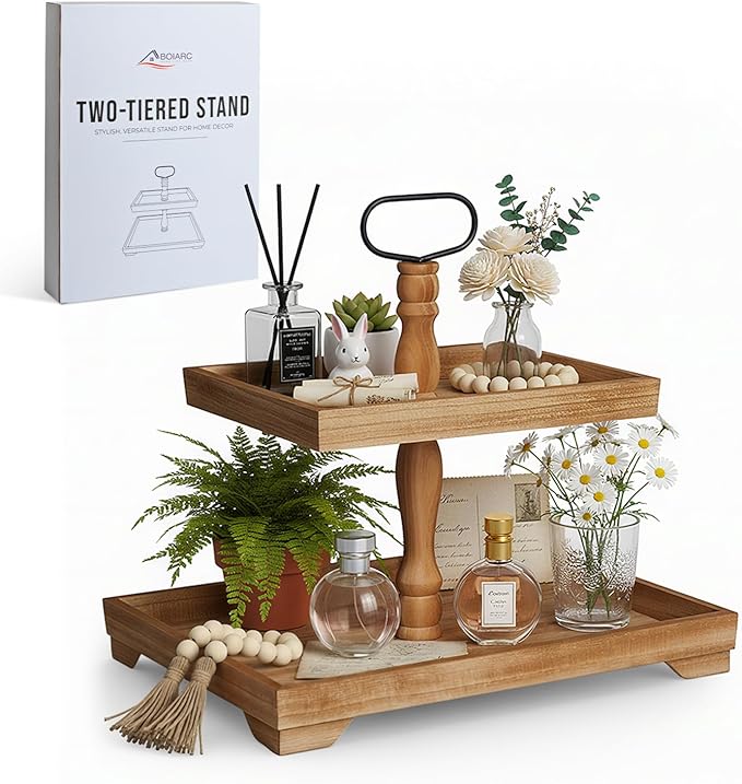 Rustic Wooden 2 Tiered Tray Stand, Farmhouse Tiered Serving Tray Decor, Rectangle Wood Display Stands for Food Fruits Cupcake and Seasonal Festive Decorations (Brown)
