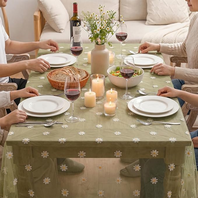 Horaldaily Sage Green Embroidery Daisy Spring Summer Gauze Tablecloth 60×84 Inch Rectangular, Seasonal Tulle Table Cover, Garden Party Decorations for Wedding, Party, Holiday Dining