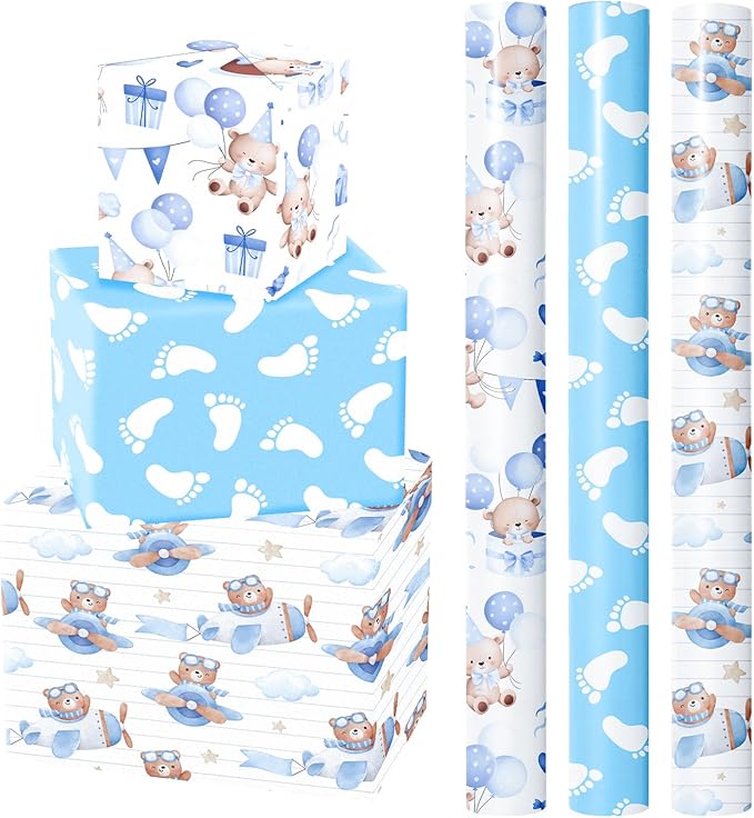 WRAPAHOLIC Bear Baby Shower Wrapping Paper - Mini Roll - 3 Rolls - 17 Inch x 120 Inch - Adventure Bear in Airplane and Party Design for Baby Shower, Boy Birthday