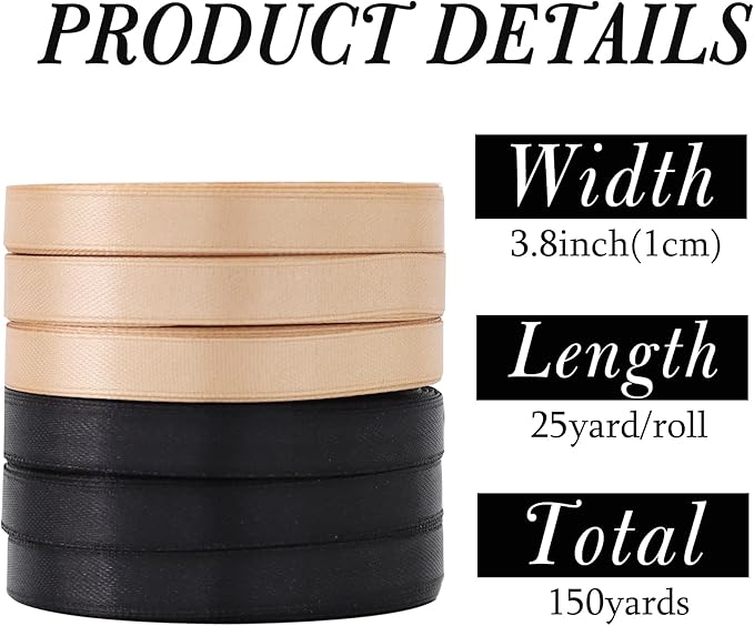 TONIFUL 6 Rolls Graduation Satin Ribbon 3/8 Inch Black Gold Ribbons for Gift Wrapping, Flower Bouquet, Bows, Treat Bags, Crafts, Graduation Leis Making, Birthday Party Decor （25 Yards/Roll