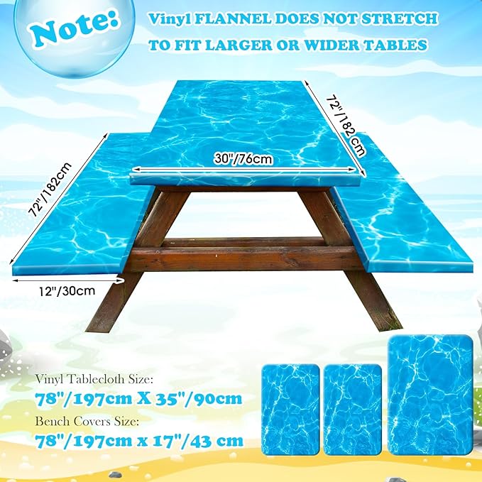 Boao 3 Pcs Vinyl Picnic Table Cover with Bench Cover 6 ft 30 x 72 Inch Waterproof Fitted Tablecloth Flannel Backing Rectangular Elastic Edged for Camping Outdoor Patio Travel(Seawater)