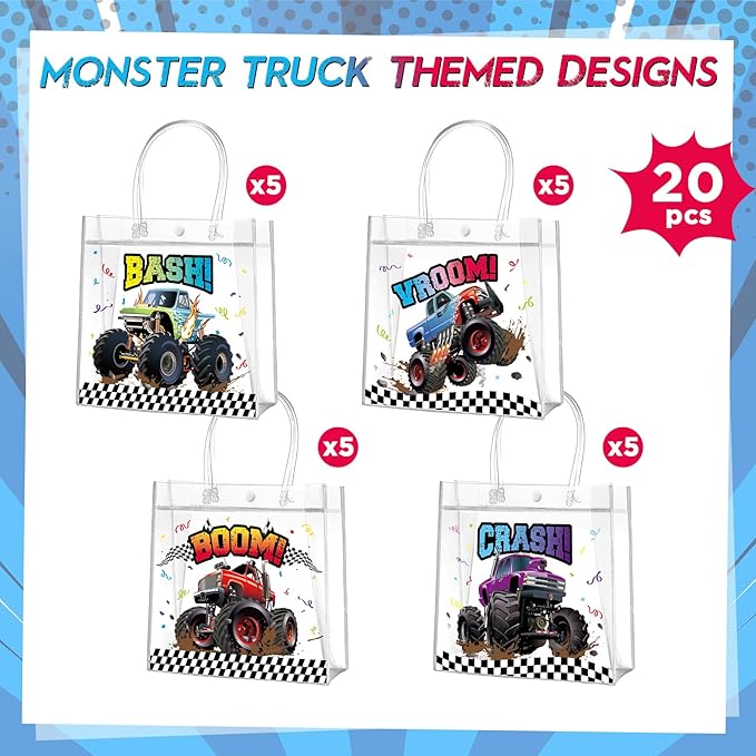 Aliceset 20 Pcs Truck Party Clear Favor Bags with Handles Monster Racing Car Party Treat Bags Truck Race Themed Decorations for Birthday Baby Shower Goodie Supplies, 8x8x3.15 inch