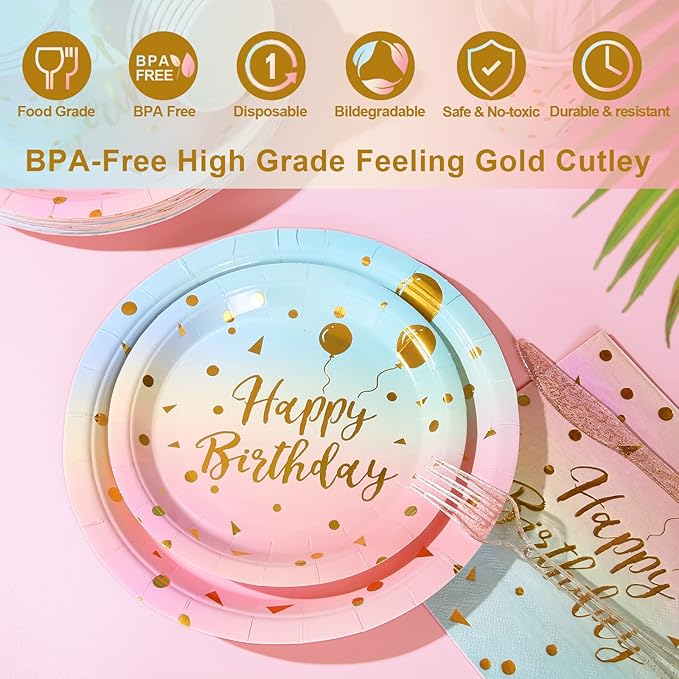 200 Pcs Pastel Party Supplies Birthday Party Plates and Napkins Sets,Disposable Pastel Birthday Plates - Rainbow Paper Plates Napkins Cups for Birthday Baby Shower Party Decorations