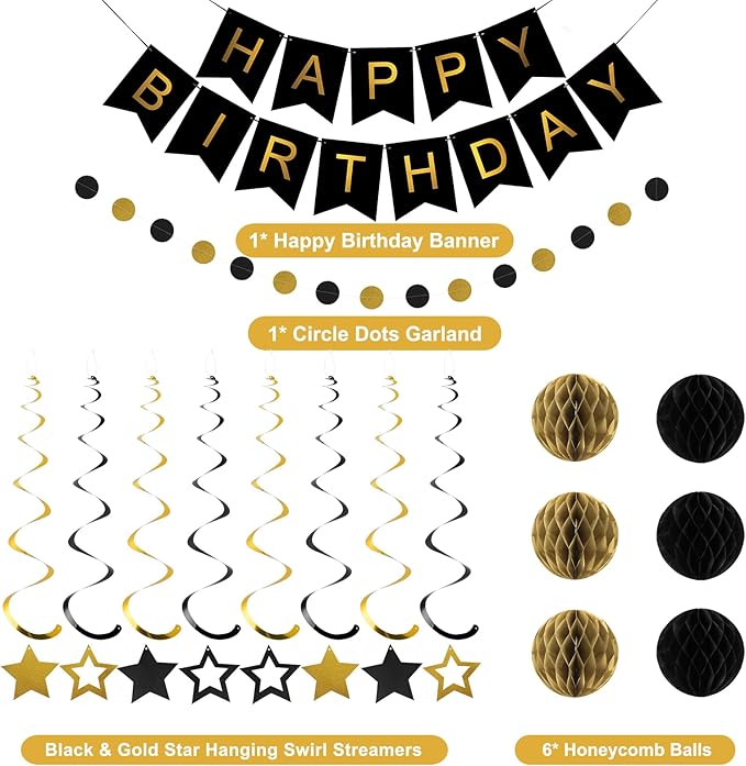 meowtastic Birthday Decorations, Happy Birthday Banner with Honeycomb Balls, Star Hanging Swirl Streamers, Circle Dot Garland, Happy Birthday Party Decorations for Women Men Boys Girls (Black & Gold)