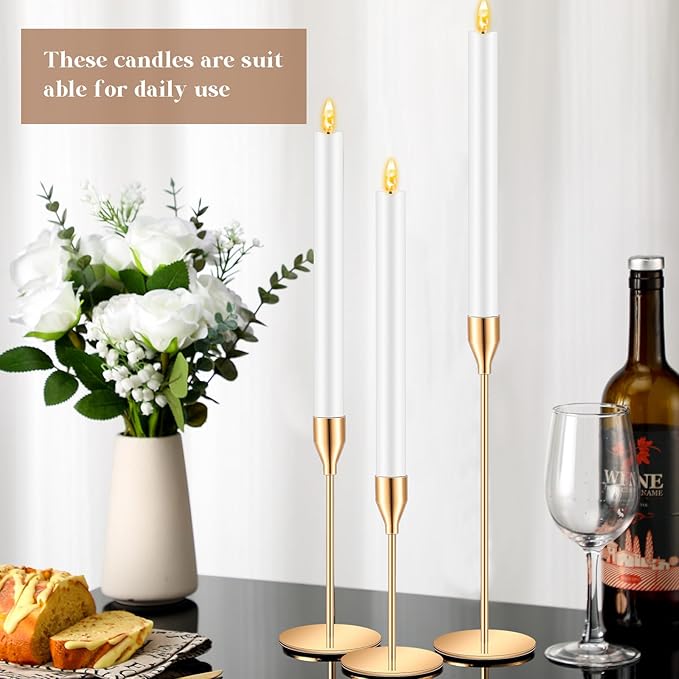 FillTouch 30 Pcs Gold Candlestick Holders with Flameless LED Candles Bulk Includes 15 Metal Candle Holders and 15 Battery Operated Taper Candles for Wedding Valentines Table Centerpieces Home Decor